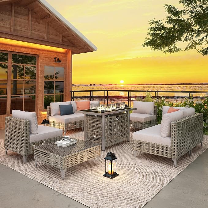 Patio 8-piece Patio Furniture Set with 43" Fire Pit Table, Outdoor Conversation Set & 60,000 Btu 43 Inch Rectangle Propane Fire Pit with Water Resistant Grey Thick Cushions, Grey