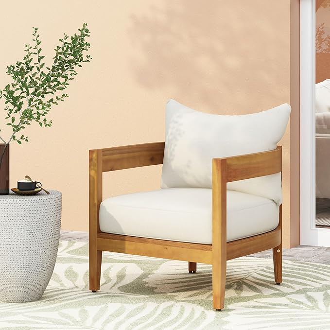 Merax Outdoor Acacia Wood Frame Single Chair with Cushions for Patio,Garden