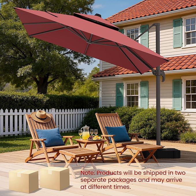 HASLE OUTFITTERS 9x12 FT Patio Cantilever Umbrella with Base, Outdoor Offset Large Rectangular Heavy Duty Double Top Umbrellas with 360° Rotation for Pool Garden Deck，Red