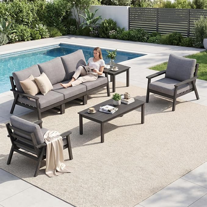 Ayge HDPE Patio Furniture Set, 7 Piece Sectional Outdoor Furniture Set, All Weather Outdoor Couch Set Patio Conversation Set for Deck, Lawn, Black
