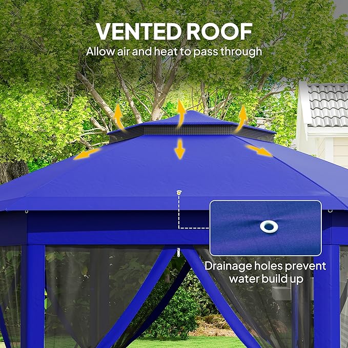 Outsunny 13' x 13' Pop Up Gazebo, Hexagonal Canopy Shelter with 6 Zippered Mesh Netting, Event Tent with Strong Steel Frame for Patio Backyard Garden Wedding Party, Dark Blue and Black