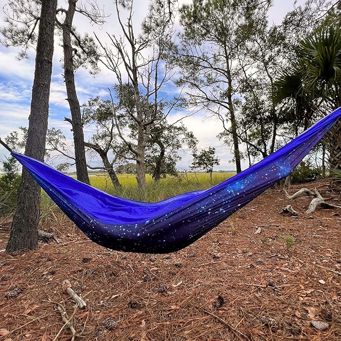 Castaway Travel Hammocks Double Galaxy Camping Hammock with 2 Tree Straps, Triple Stitched Durable Nylon Material, Compact Design for Backpacking, Travel, Beach, Backyard, Patio, Hiking