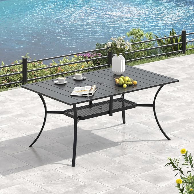 VICLLAX Outdoor Table and Chairs Set for 6, Patio Dining Set of 59 Metal Rectangle Patio Table with Umbrella Hole & 6 Swivel Outdoor Dining Chairs for Backyard Lawn, Dark Blue & Black