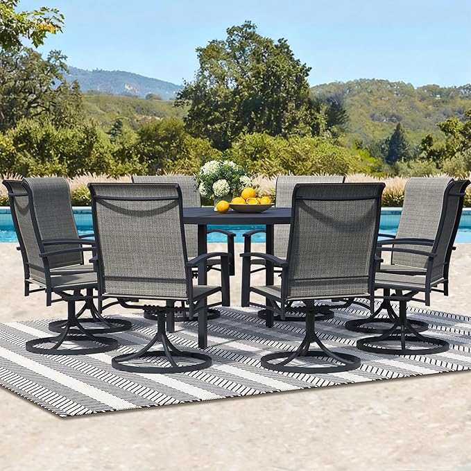 9 Piece Outdoor Patio Dining Set for 8, 60" Black Round Metal Table with 8 Grey Swivel Chairs, All-Weather Outdoor Furniture Set for Backyard, Lawn, Deck, or Poolside