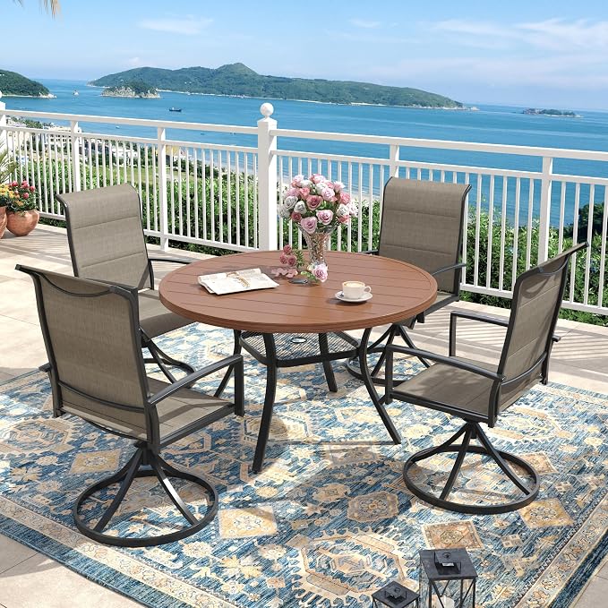 Outdoor Dining Set for 4, 40.6" Outdoor Dining Table with Umbrella Hole and Padded Textilene Patio Swivel Chairs, 5 Pieces Patio Table and Chairs Set for Garden Backyard, Mixed Brown and Walnut