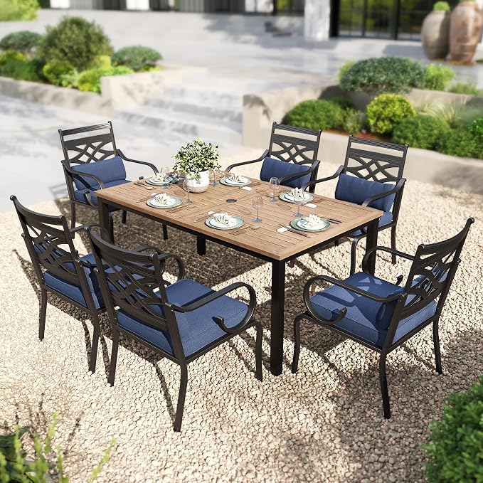 PHI VILLA Patio Dining Set, Metal Table | Metal chairs, Blue Cushion, Umbrella Hole, Cushions, E-coated