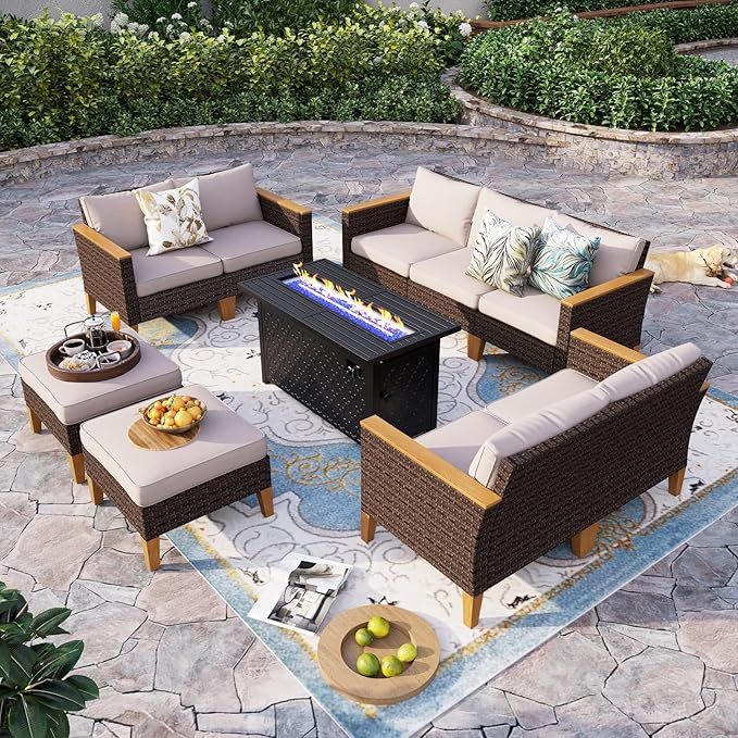 Sophia & William Oversized Patio Furniture Set with Fire Pit Table, Outdoor Wicker Rattan Sectional Sofa 8 Piece Patio Conversation Set for Deck, Backyard, Porch, Outside(45-Inch Fire Pit,Beige)