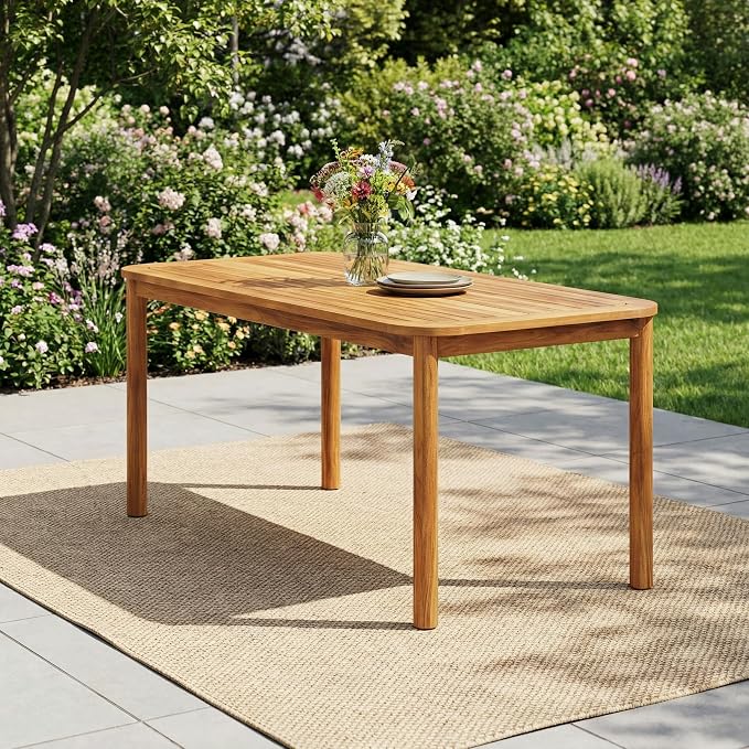 Merax Outdoor Dining Table for 6, 66" L Rectangular Acacia Wood Patio Table for Lawn Garden, Teak