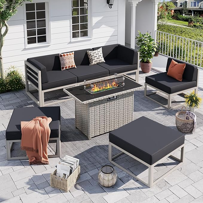 UDPATIO Aluminum Patio Furniture Set with Fire Pit Table, Modular Oversized Outdoor Sectional of Olefin 5 inch Cushion, Coffee Table and Waterproof Cover, Patio Conversation Sets for Porch, Deck