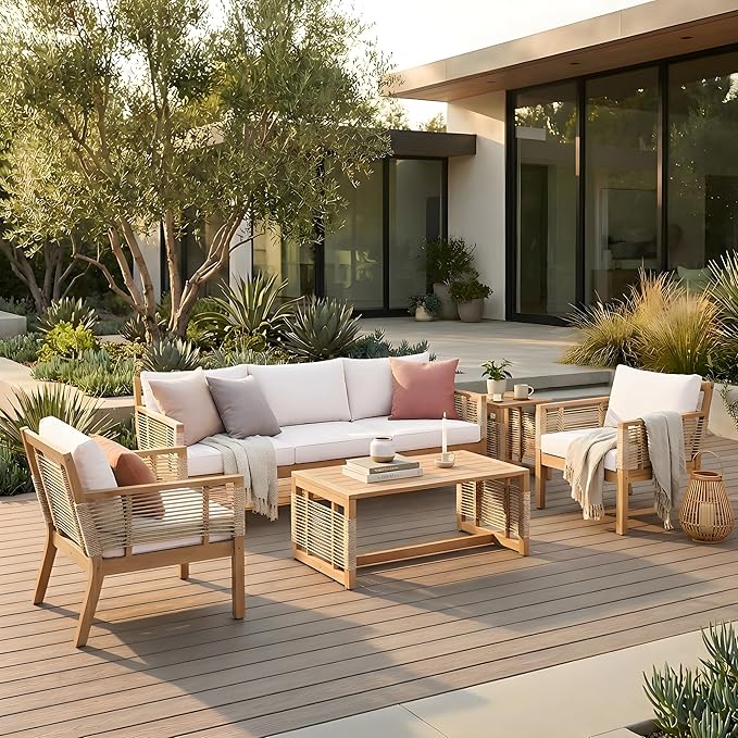 5-Piece Patio Conversation Set, All Weather Sectional Sofa Set w/ 3 Seater Sofa, 2 Chairs and 2 Coffee Tables, Acacia Wood Outdoor Furniture Set with Woven Rope Accents and Cushions