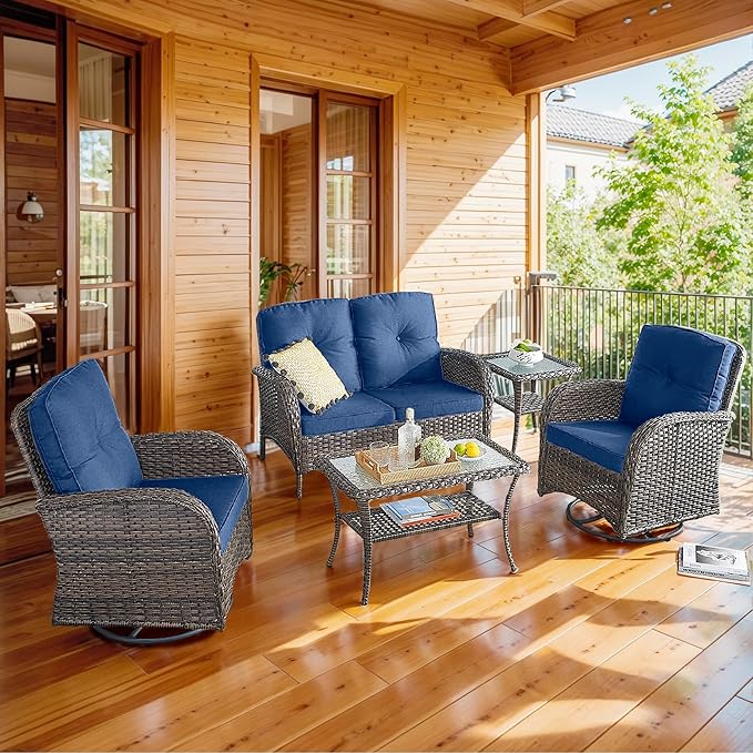 5 Piece Patio Furniture Set - Wicker Patio Conversation Set with Swivel Glider, Loveseat Bench, Tempered Glass Side Table and Coffee Table for Deck Backyard - Brown Wicker Blue Cushion