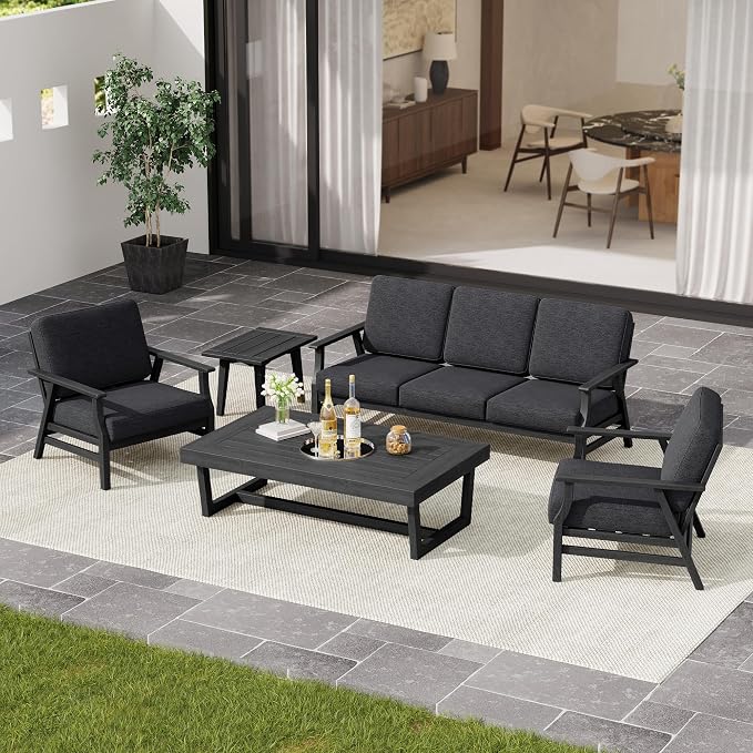 4 Pieces Patio Furniture Sets, Black Wood Outdoor Sectional Furniture with Coffee Table, 5 Seats Patio Sofa Couch Conversation Set for Backyard Deck - Dark Gray