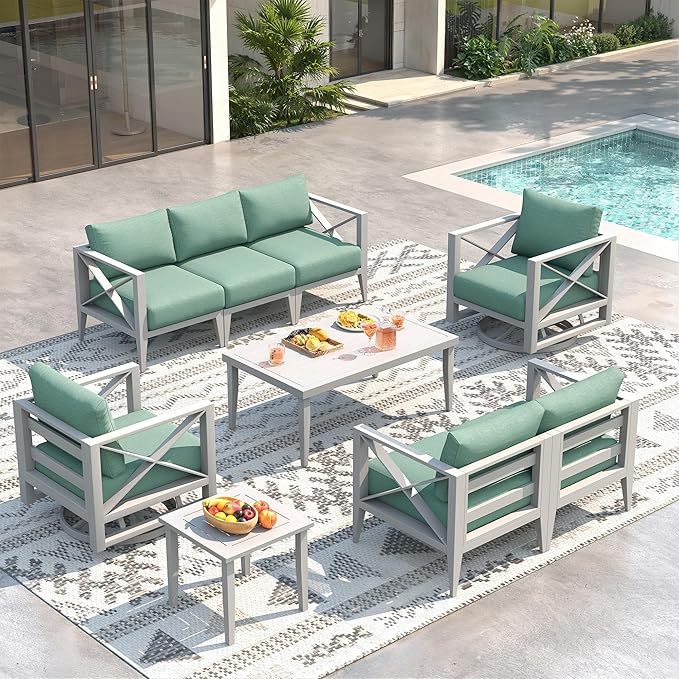 7-Seats Aluminum Outdoor Patio Furniture Set with Swivel Rocking Chairs, Sectional Conversation Sofa with 5.2" Thick Cushions & Coffee Table, Rust-Resistant Frame for Porch, Garden, Backyard, White