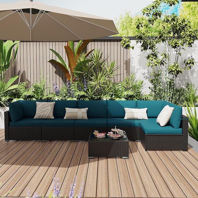 KIGOTY 7-Piece Patio Furniture Set, All-Weather PE Rattan Outdoor Sectional Sofa, Modular Wicker Conversation Set with Thick Cushions & Easy-Clean Coffee Table（Black/Blue）