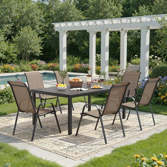 DIFY 7 Piece Outdoor Dining Set, 63" Black Rectangle Metal Patio Table and Brown Textilene Stackable Chairs for 6, All Weather Patio Furniture Set with Umbrella Hole for Backyard Garden Deck