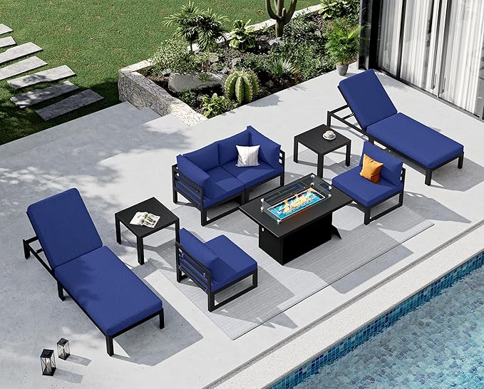 NICESOUL 9 Piece Large Modern Aluminum Patio Furniture Set, UV Resistant Modular Outdoor Conversation Set with Lounge Chair & Fire Pit Table, 500 lbs Durable Modular Sectional Sofa for Deck, Navy Blue