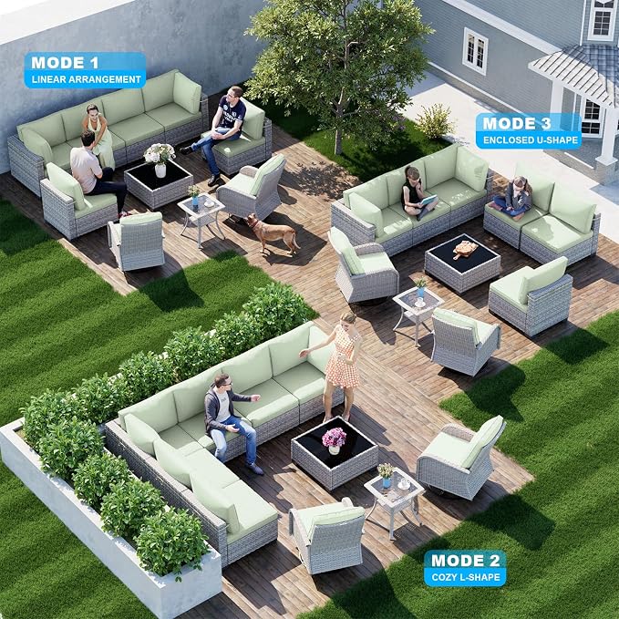10-Piece Patio Furniture Set, Outdoor Patio Furniture with Swivel Chairs Set, Thick Cushions, Modular Patio Sofa, Dual-Strand Rattan, Rust-Resistant Frame, Light Green