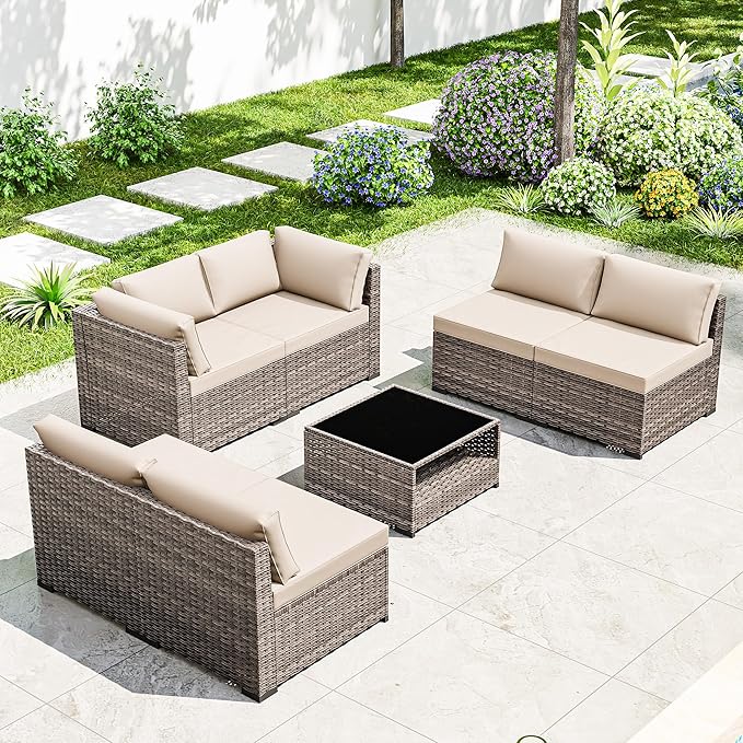 Joyside 7-Piece Patio Furniture Set, Rattan Outdoor Sectional Wicker Patio Conversation Set with Cushions and Coffee Table