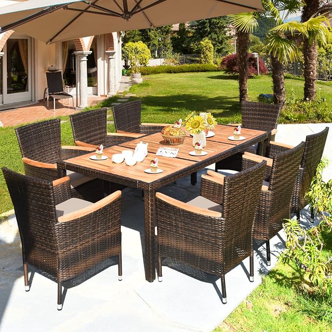 Patio Dining Set Outdoor Dining Set, 9 Pieces Wicker Patio Furniture Set with Acacia Wood Table and Chairs, Garden Dining Table Set for Backyard, Poolside, Desk, Christmas(Brown)