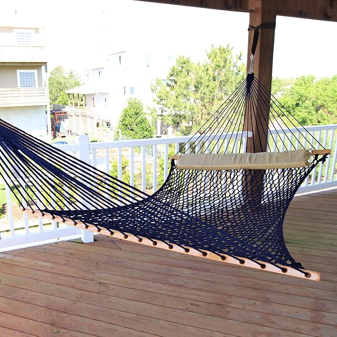 Nags Head Hammocks Captain Navy Duracord Rope Hammock with Free Extension Chains & Tree Hooks, Handcrafted in The USA, Accommodates 2 People, 450 LB Weight Capacity, 13 ft. x 55 in.