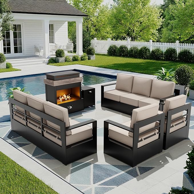 Outdoor Patio Furniture Set, 5-Piece Aluminum Patio Conversation Set All-Weather Metal Outdoor Sectional with 6 Inch Thick Cushions, Deep Setting and Fireplace for Garden, Outside and Porch, Beige