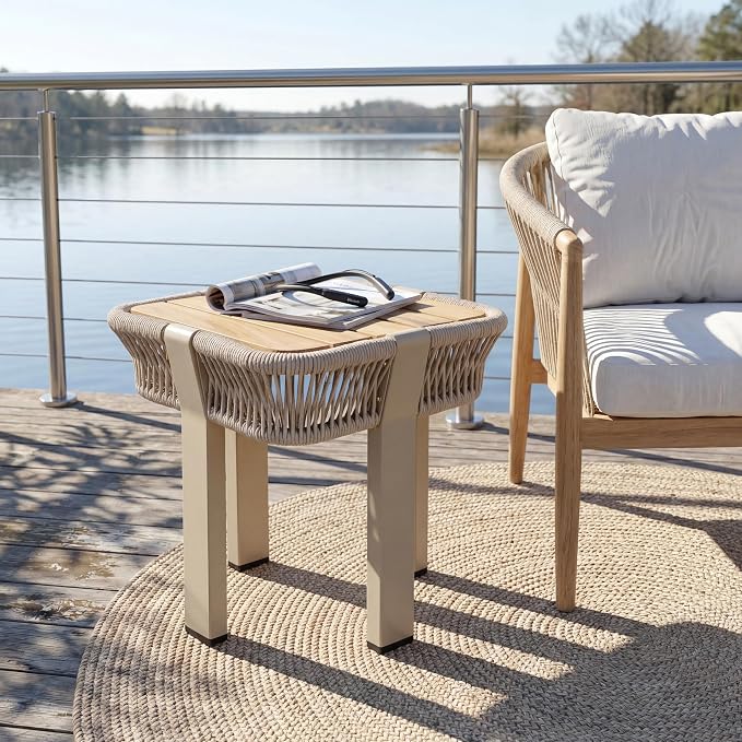 Acacia Wood Side Table, Square Outdoor End Table with Rope & Metal Frame, Small Outdoor Table for Patio, Garden, Poolside, Deck w/UV-Resistant Frame,120 lbs Capacity, Beige+Teak