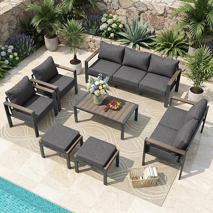 Outdoor Patio Furniture Set 9 Seats Luxury Aluminum Patio Conversation Set with Washable Thick Cushions, 7 Pieces Outdoor Sectional for Porch, Balcony, Deck, Yard, Dark Gray