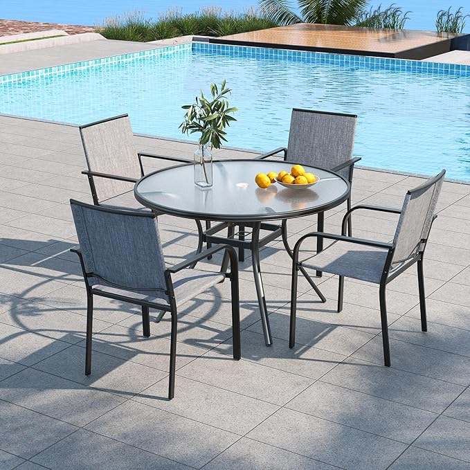 Anmutig 5-Piece Outdoor Patio Dining Set, 40 Inch Round Glass Table with 4 Stackable Chairs, Grey