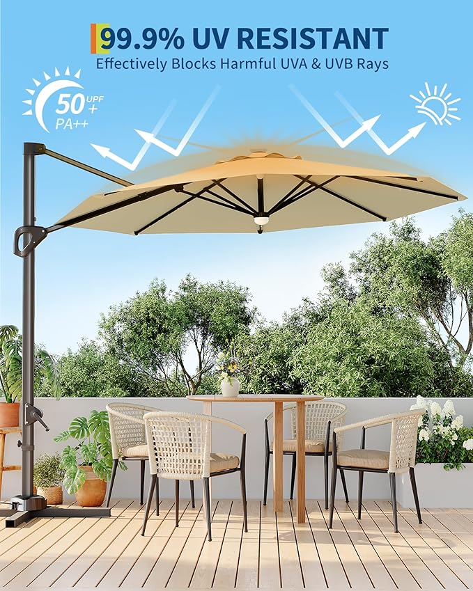 GarveeLife 10 ft Cantilever Umbrella Outdoor Patio Umbrella Solar LED w/Base Included Market Offset Umbrella Sun Shade Windproof with 360-Degree Rotation for Patio Garden Deck Pool, Beige