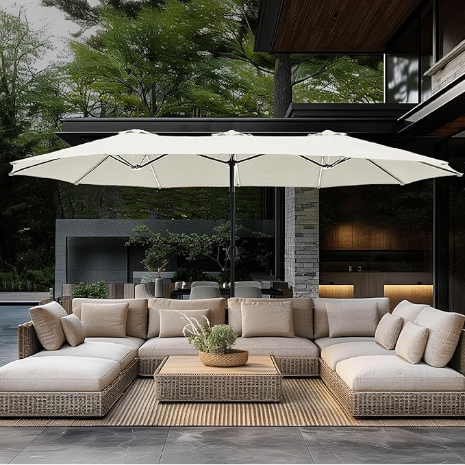 GREEN PARTY 15 ft Rectangular Patio Umbrella with Base Included, Large Double-Sided Outdoor Table Umbrella with Crank, 1.9" Pole UPF 50+ UV Resistant for Pool Deck Backyard Garden, Ivory