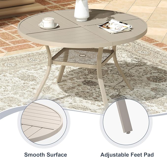 VICLLAX 40.6" Round Patio Dining Table for 4, All Weather Metal Outdoor Table with 1.57" Umbrella Hole and Storage Shelf for Garden Lawn Deck, Sandshell