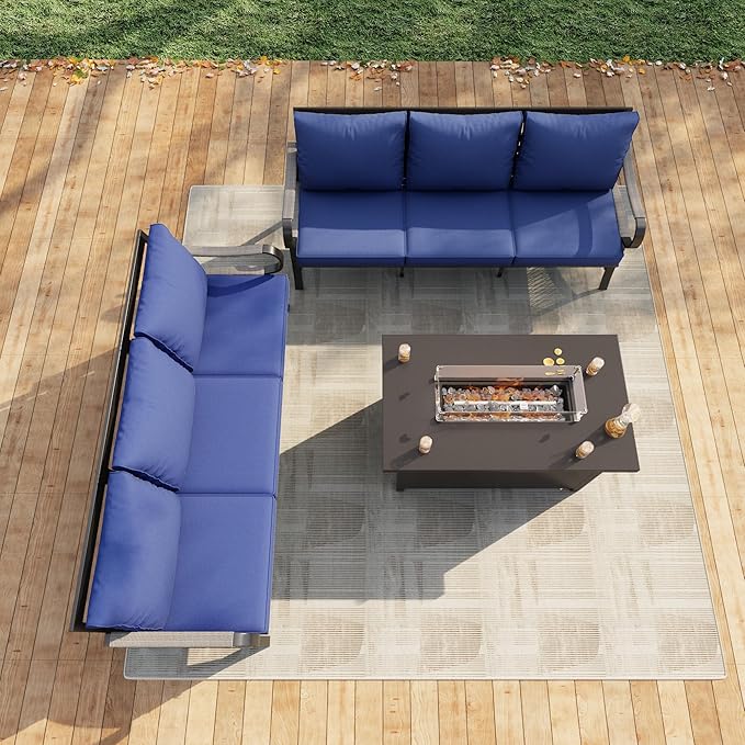 3 Pieces Modern Patio Furniture Set, All Weather Metal Outdoor Conversation Sets with Fire Pit Table for Backyard Garden Deck Porch Poolside, Blue