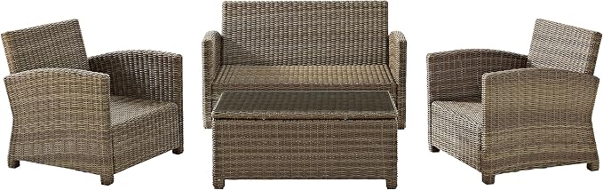 Crosley Furniture Bradenton 4-Piece Outdoor Loveseat Patio Furniture Set, Wicker Conversation Sets for Porch, Brown with Navy Cushions