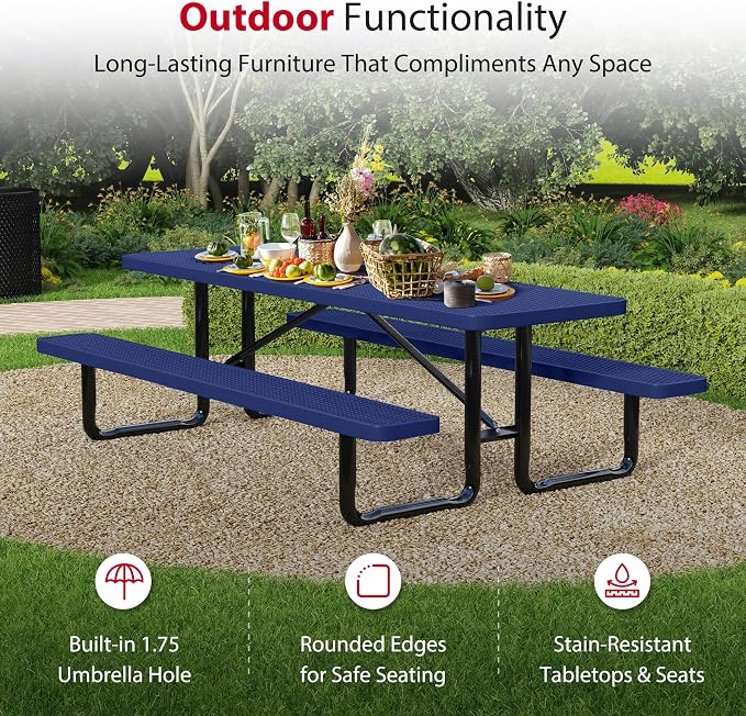 Leisure Craft Metal Picnic Table with Bench - 8 ft Rectangle Outdoor Dining Table for 8, Umbrella Hole, Weatherproof Heavy Duty Thermoplastic Coating, Commercial Grade Furniture Made in USA - Navy
