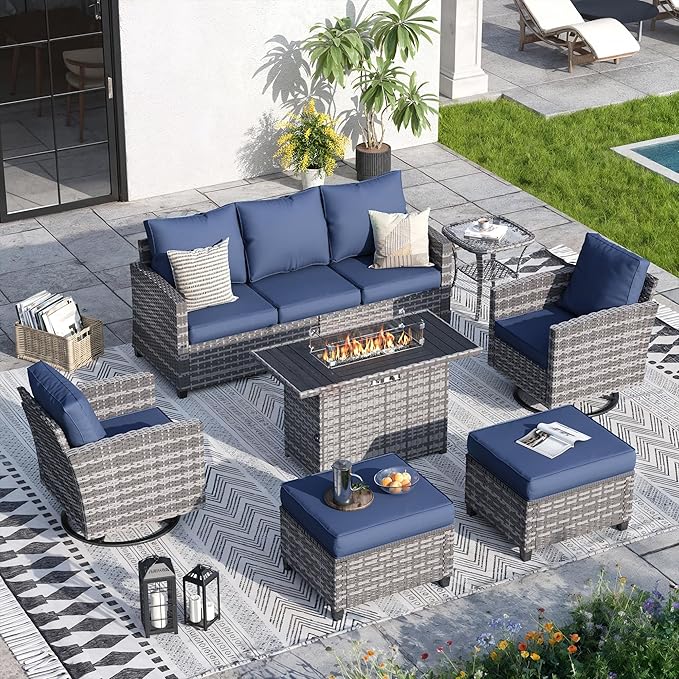 7 Pieces Patio Furniture Set with 44" Fire Pit Table, Outdoor Sectional Conversation Sets with Swivel Chair, Gas Fire Pit, Ottomans, Side Table, 4" Thick Cushion，for Backyard Garden Deck, Navy Blue