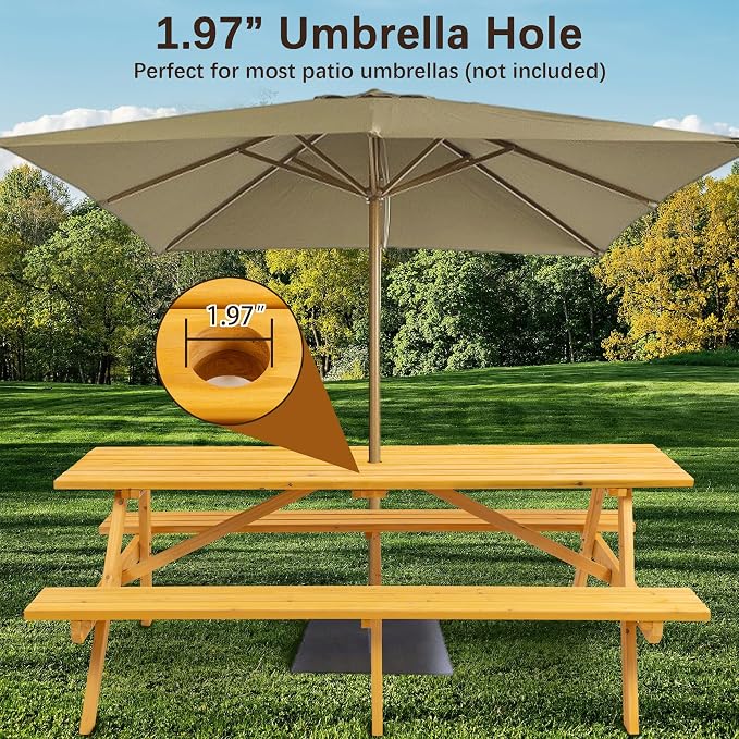 Wood Outdoor Picnic Table,8 Person Rectangular Patio Table Dining Table w/2 Built-in Benches,Umbrella Hole,Outdoor Camping Dining Table with 2 Seats for Garden, Backyard,2220lb Capacity,Natural