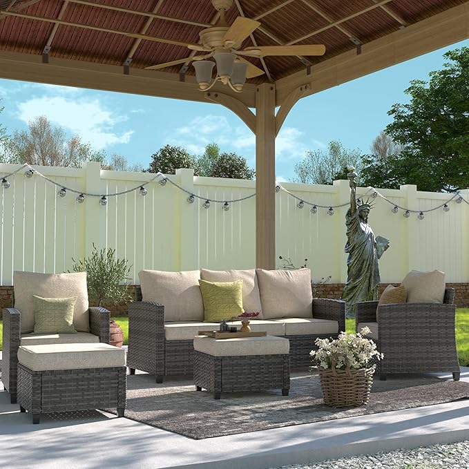 UDPATIO Patio Furniture Set, 5 Pieces Outdoor Sectional Sofa Set, All-Weather Wicker Rattan High Back Outdoor Conversation Set with Ottoman for Poolside, Backyard, Grey Wicker Khaki Cushion