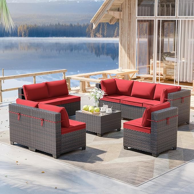 ALAULM 9 Pieces Patio Furniture Set Wicker Patio Conversation Set, Outdoor Sectional Furniture w/Coffee Table & Washable Seat Cushions-Red