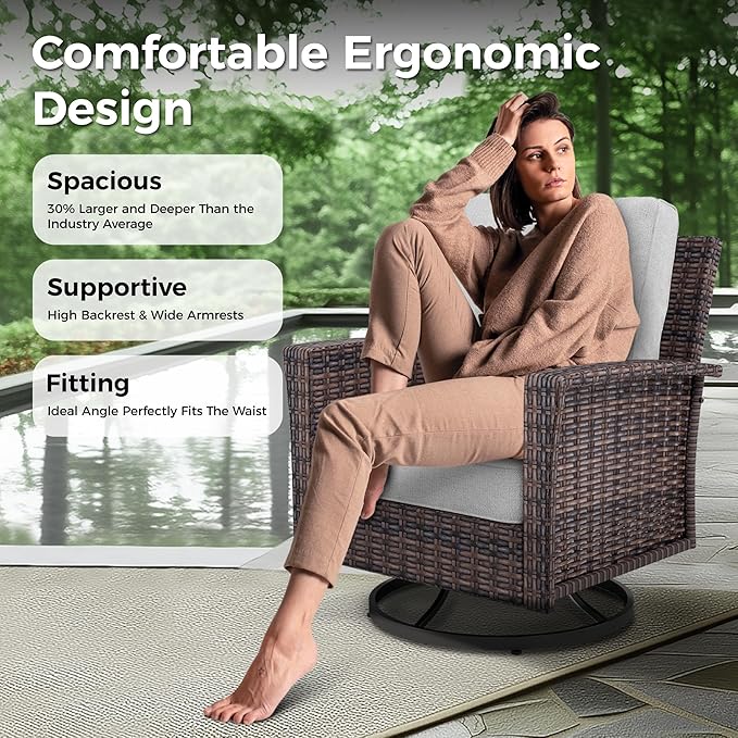 Outdoor Swivel Patio Chairs Set of 2 with Side Table, 3 Piece Wicker Highback Patio Bistro Set with Cushions for Deck Porch and Yard, Light Grey