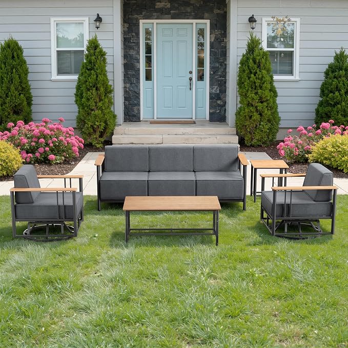 Luxury Outdoor Furniture Set with Swivel Chairs, 5 PCS Patio Furniture Set with 6" Extra Thick Cushions, Suitable for Porch, Balcony, Deck, Patio, Yard, Poolside, Black/Grey