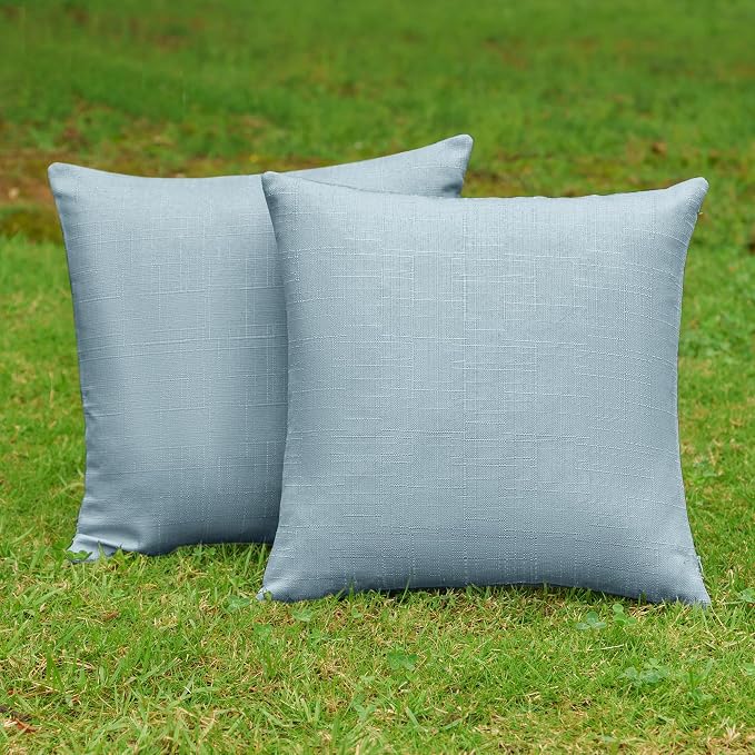 NiNi ALL Waterproof Outdoor Pillow Covers 16x16 Set of 2 Patio Light Blue | Faux Linen Textured Decorative Solid Throw Pillow Covers Farmhouse for Garden Furniture Tent Balcony Couch Sofa Cushion