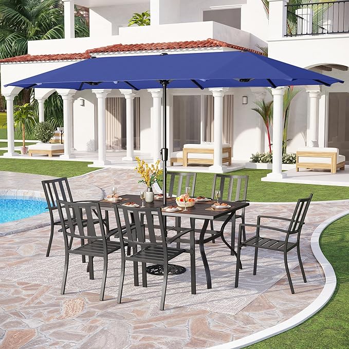 PHI VILLA 7 Piece Patio Dining Set with Umbrella, 60” Rectangular Metal Dining Table & 6 Stackable Metal Chairs & 13ft Large Navy Umbrella for Outdoor, Deck, Yard, Porch