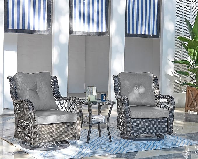 Manhattan Comfort Fruttuo 3-Piece Patio Conversation Set, Swivel Steel Rattan Chairs with Removable Cushions & Tempered Glass End Table, Weather-Resistant Outdoor Furniture for Backyard & Porch, Grey