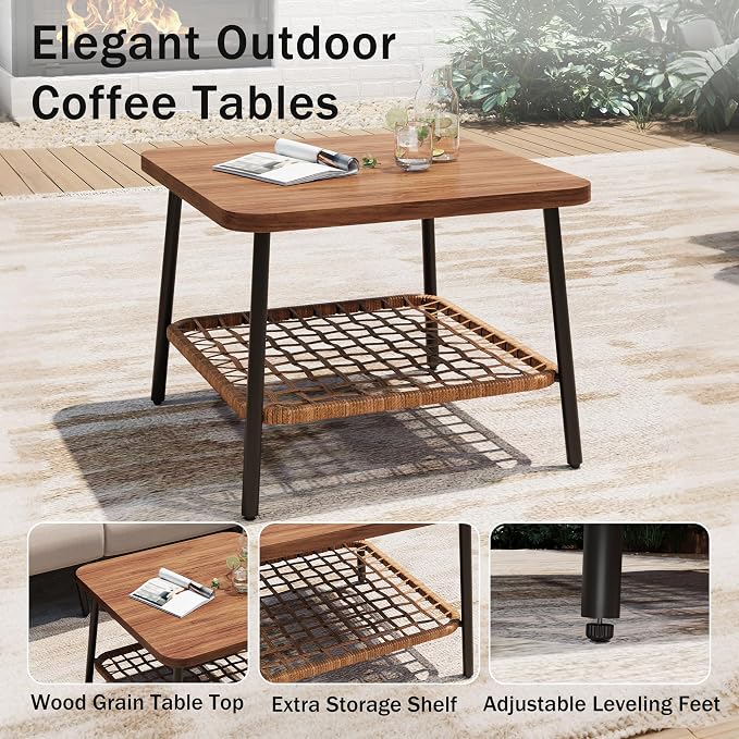 3-Piece Patio Conversation Set, Outdoor Sectional Sofa Wicker Furniture with Thick Cushions & Wood Grain Coffee Table, Small Patio Furniture for Balcony Porch