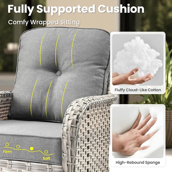 ovios 9-Piece Patio Furniture Set with L-Shape Sofa Chaise, Outdoor Sectional Couch Swivel Gliders Fire Pit Table, Modern Modular Wicker Rattan Conversation Set, Dark Grey