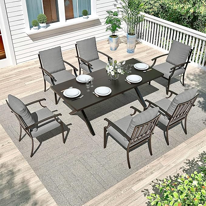 Gotland 7 Piece Outdoor Dining Set, Metal Outdoor Table and Chairs with X-Shaped Legs 1.5" Umbrella Hole, Patio Furniture Set with Waterproof Cushions, Patio Dining Sets for Backyard Deck Gray