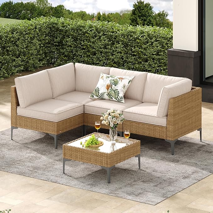Jing's Villa 5-Piece Outdoor Patio Furniture Set, All-Weather Wicker Sectional Sofa with Coffee Table & Thick Anti-Slip Cushions for Backyard,Lounge,Garden,Deck, Beige