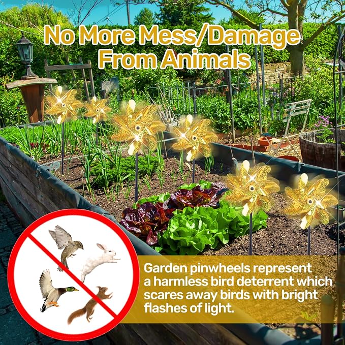 BATTIFE Preassembled Reflective Pinwheels for Yard & Garden, Gold, 10 Pack | Sparkly Reflective Material Spinner, Spins Best in Steady Wind, Animal-Deterrent Results Vary by Placement and Conditions