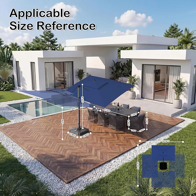 9x12 FT Patio Umbrella with Weighted Base and LED Lights Cantilever Outdoor Large Heavy Duty Rectangle Aluminum Offset Umbrellas Double Top 360 Rotation for Pool Deck Garden, Navy