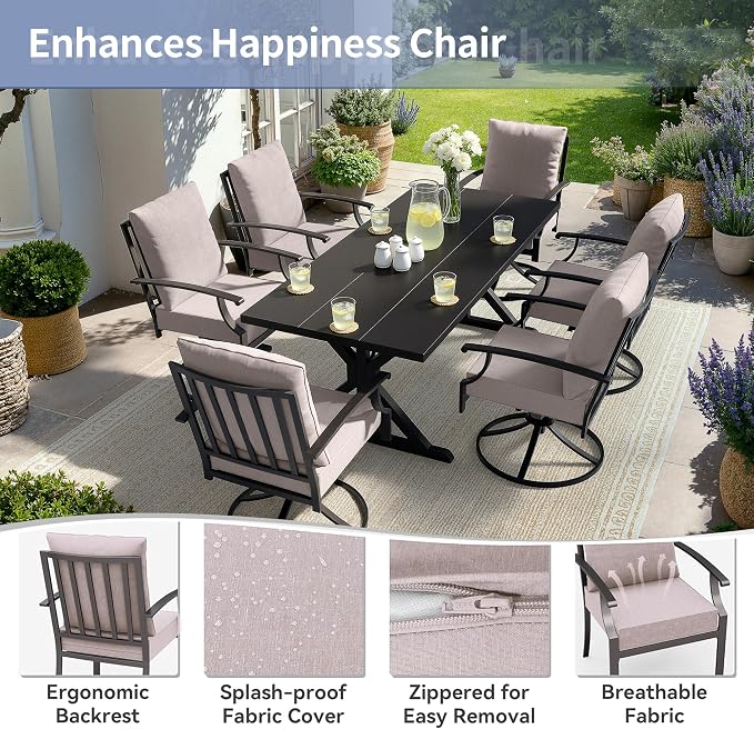 Kullavik 7 Pieces Outdoor Dining Set,Patio Dining Table and Chairs Set for 6,Fence Pattern Back Swivel Chairs with Thickened Cushions & X-Frame Metal Dining Table with Umbrella Hole for Patio,Sand